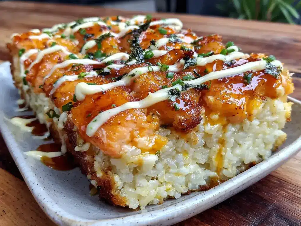 croustillant sushi bake au saumon épicé - featured image