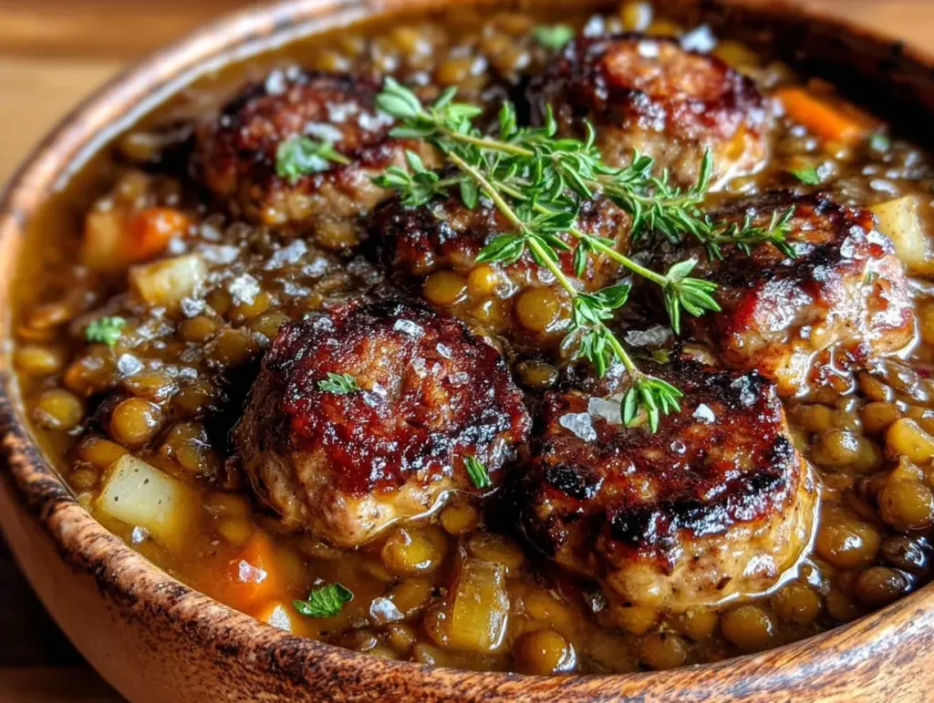 mijoté de lentilles vertes et saucisses fumées - featured image