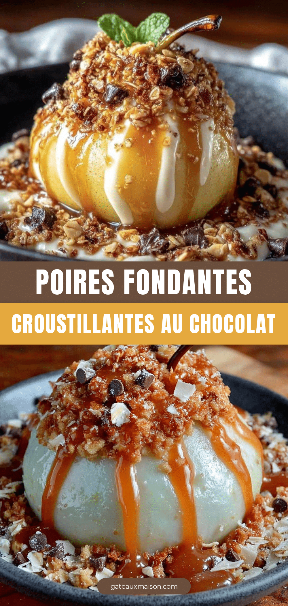 poires fondantes au chocolat et crumble à l’avoine recipe