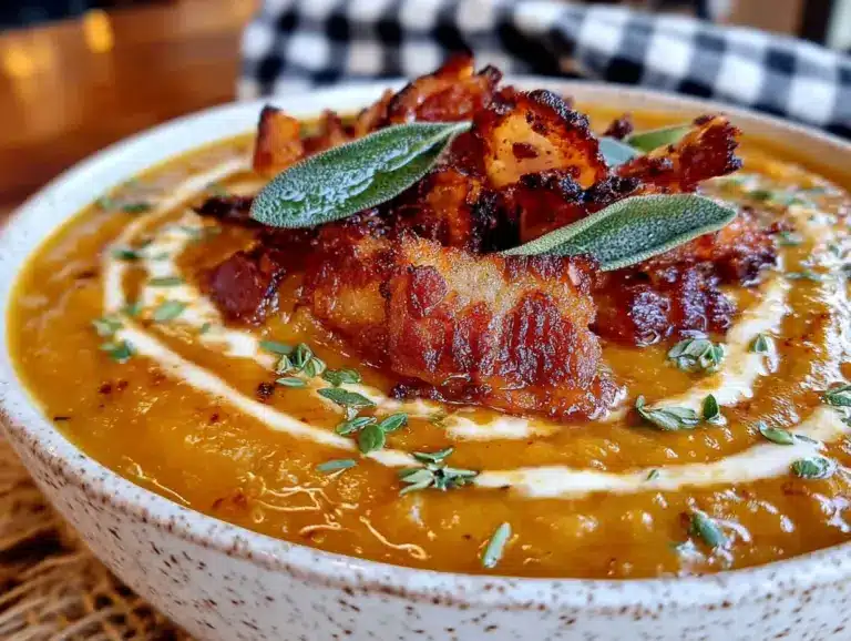 Soupe de potiron rôtie crémeuse au bacon croustillant - featured image