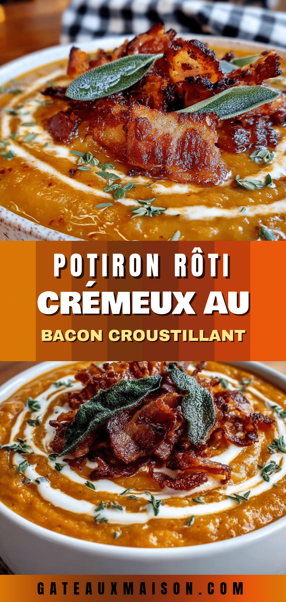 Soupe de potiron rôtie crémeuse au bacon croustillant recipe